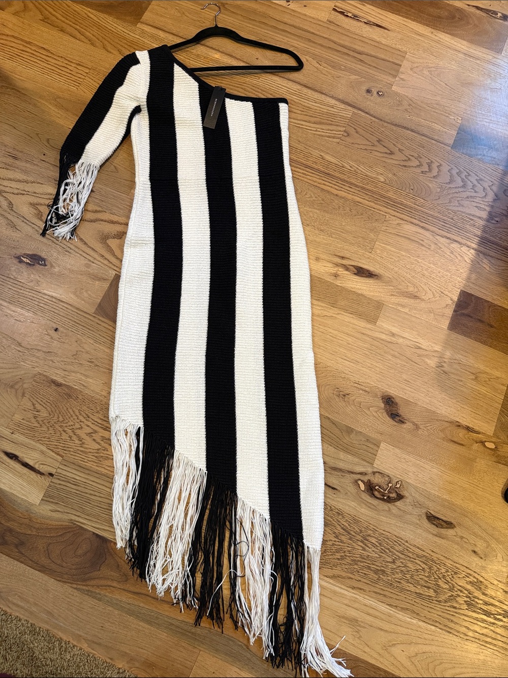 BCBG Black and White One-Shoulder Fringe Stripe Dress Size Small NWT